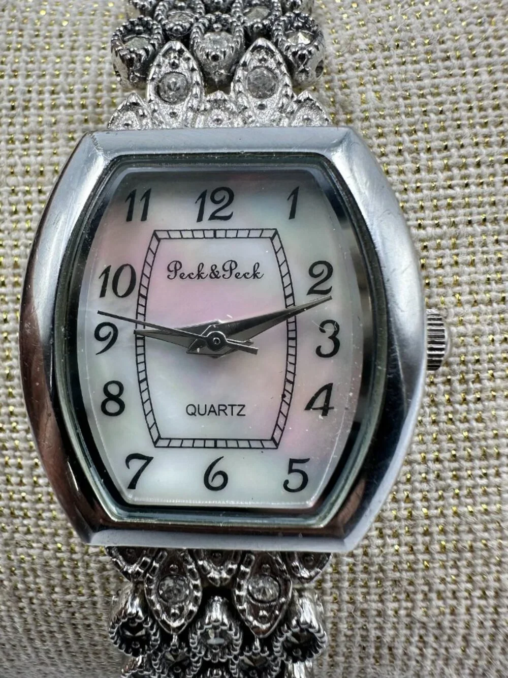 Peck & Peck Watch Silver Tone Marcasite Band MOP Dial New Battery 7 Inch